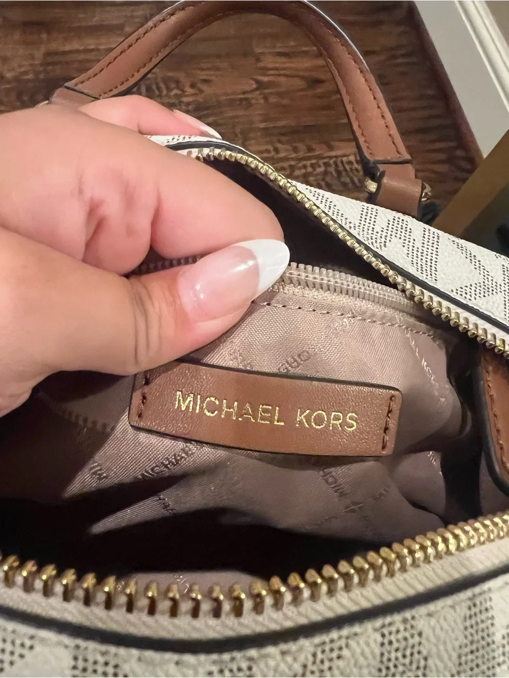 Michael Kors Cream and Brown Logo Dome Satchel